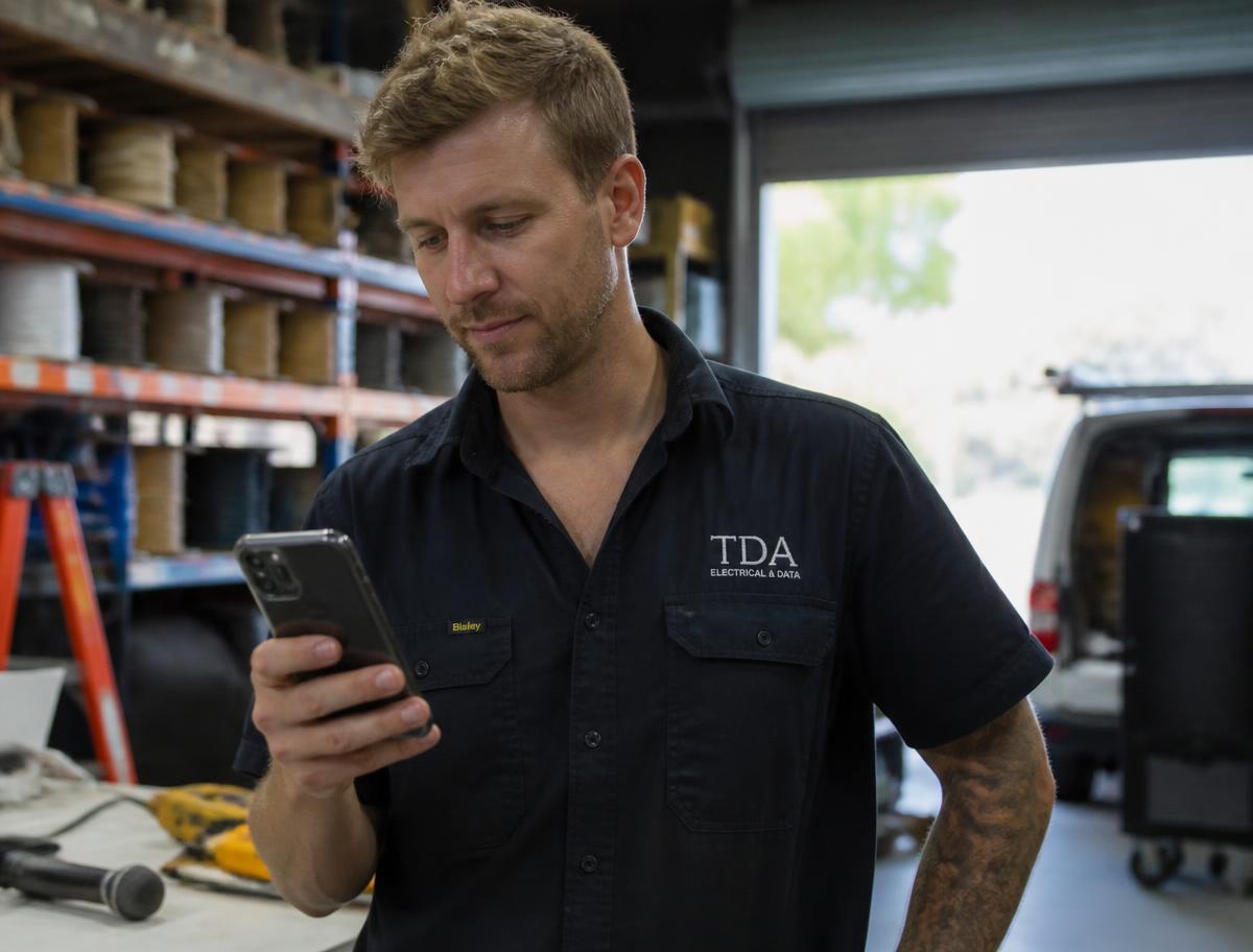 Australian tradesperson checking search results on his phone in his workshop
